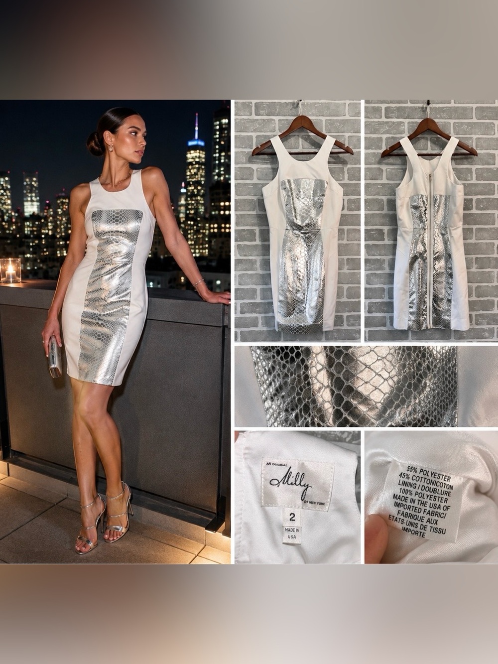 Milly Metallic Python Panel Dress White Silver‎ Futuristic Sheath Size 2